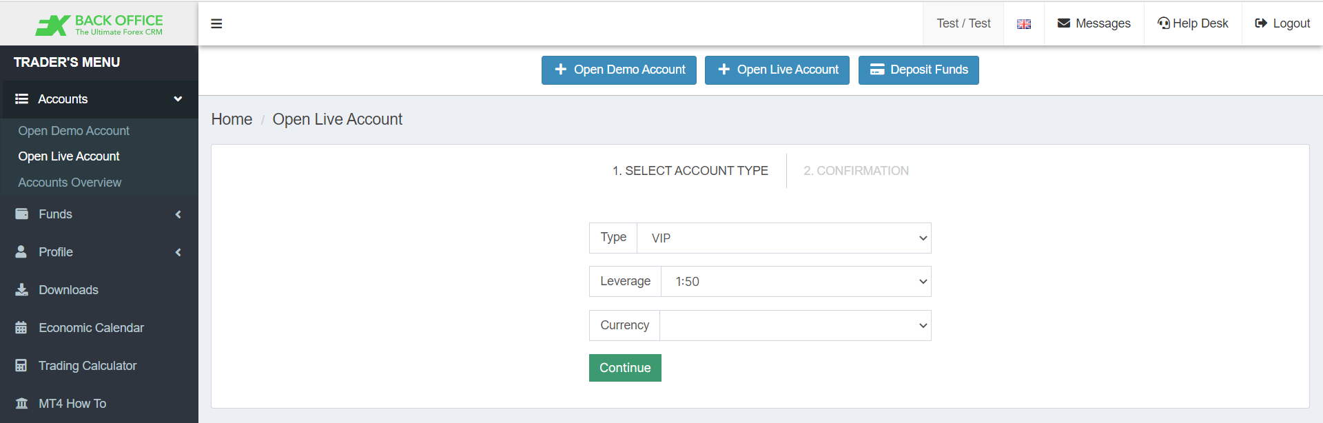 The Accounts section is where one can request the opening of new live and demo accounts